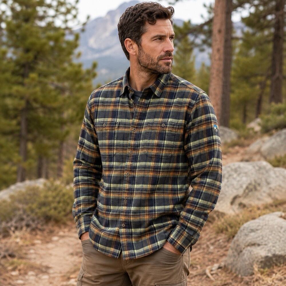 KUHL Mens Medium Plaid Flannel Button Up Shirt Outdoor Hiking Camping Gorpcore